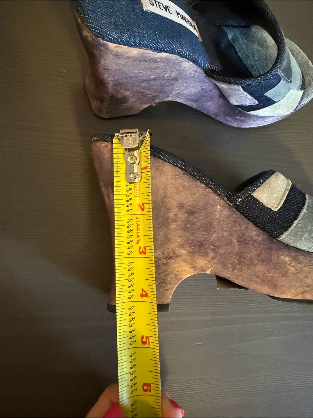 Steve Madden Vintage Y2K Denim Patchwork Wooden Platform Heels